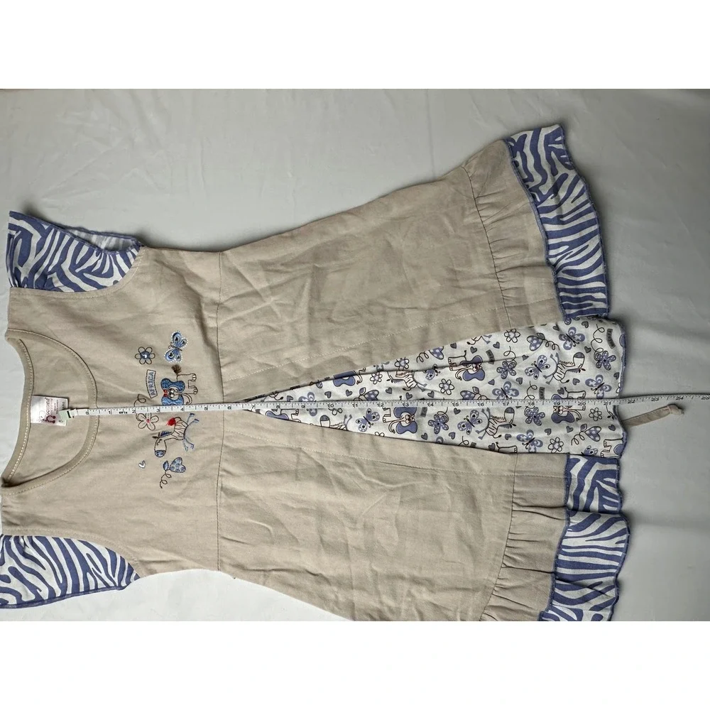 Hooligans Kids Dress 5-6 Years Beige Blue Africa Embroidered Cotton‎